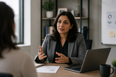 CHRO sitting at a leadership table with hiring dashboards showing visibility gaps, ROI data, and risk exposure metrics in an enterprise talent function