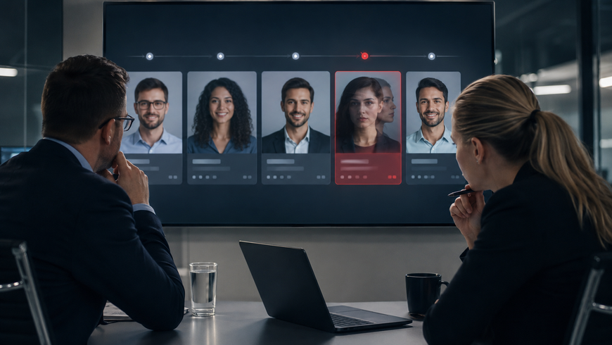 Infographic showing types of hiring fraud risks in enterprise talent pipelines including credential fraud, proxy interviewing, and AI-generated applications