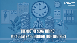 A minimalistic 2D digital illustration depicting the impact of slow hiring on businesses. The image shows a hiring manager overwhelmed with resumes, a clock symbolizing delays, and a vacant desk representing lost productivity. The scene emphasizes inefficiency and missed opportunities in recruitment.