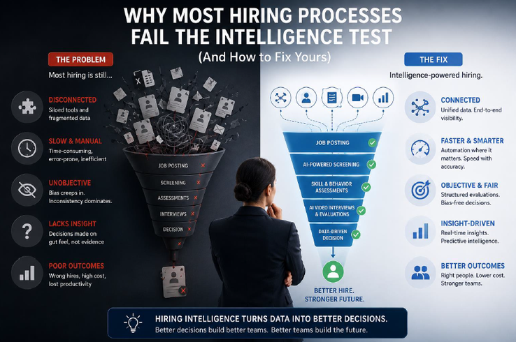 Diagram showing the four signs of a low hiring intelligence process: gut-based decisions, absent funnel data, evaluation inconsistency, and persistent mis-hire rates in enterprise talent acquisition